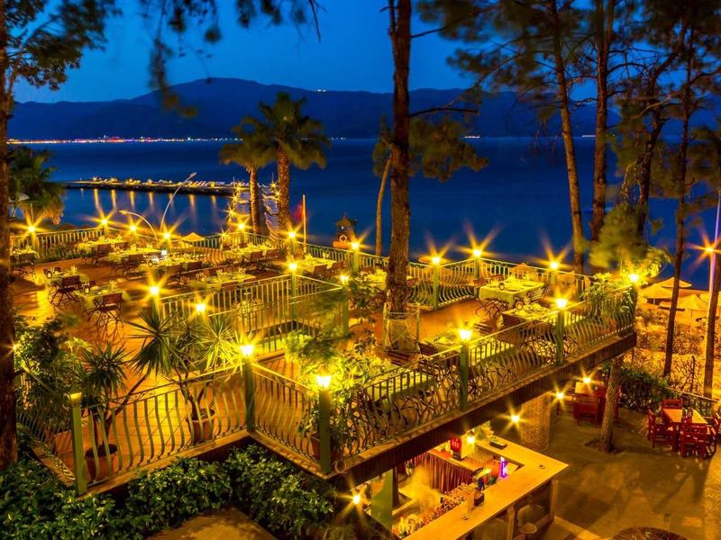 Vista nocturna de una terraza iluminada con plantas y vista al agua.