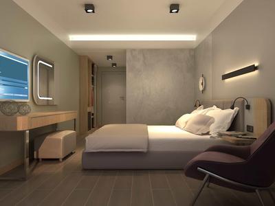 Modernes Schlafzimmer mit großem Bett, grauen Wänden, Vitrine, Spiegel und violettem Sessel.