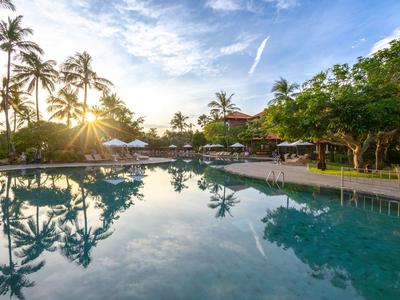 A hotel pool in the morning with palm trees and sunlight in the background.