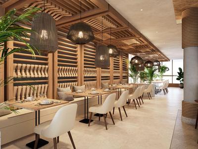 Modernes Restaurant mit Holzelementen und weißen Stühlen an gedeckten Tischen.