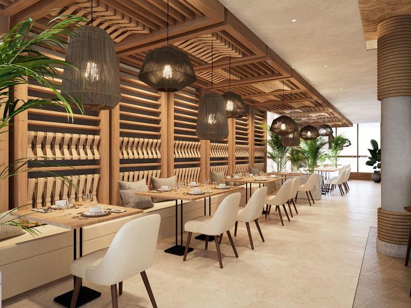 Modernes Restaurant mit Holzakzenten und stilvollen Lampen, helle Stühle an langen Tischen.