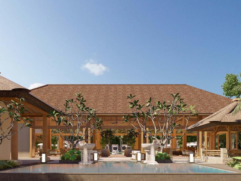 Großes Haus mit braunem Dach, Bäumen, Pool und blauem Himmel im Hintergrund.