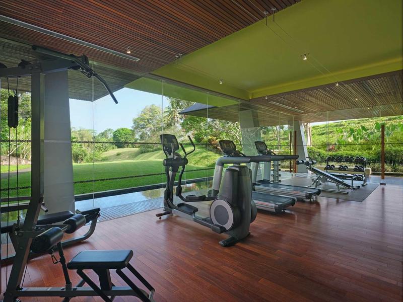 Innenraum eines Fitnessstudios mit Sportgeräten vor großen Glasfenstern und Parkblick.