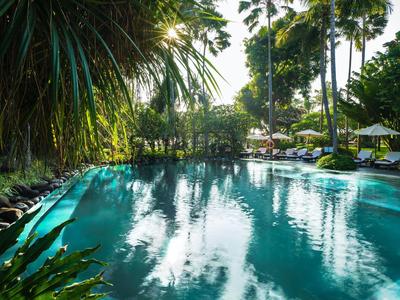 Piscina exterior climatizada rodeada de palmeras y tumbonas en un complejo hotelero tropical.