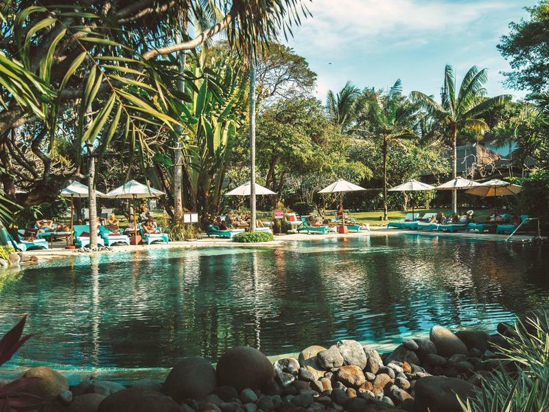 Piscina redonda con tumbonas y sombrillas en jardín tropical con palmeras.