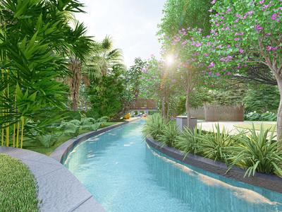 Sanfter Fluss schlängelt sich durch üppigen tropischen Garten mit Palmen und blühenden Bäumen.