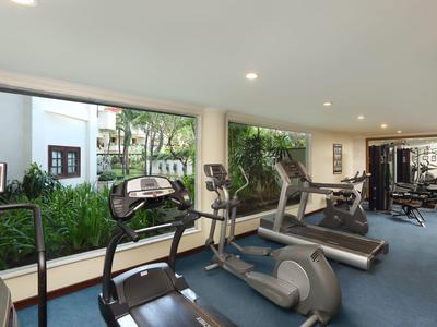 Moderner Fitnessraum mit Laufbändern und Cardiogeräten mit Blick auf Garten.