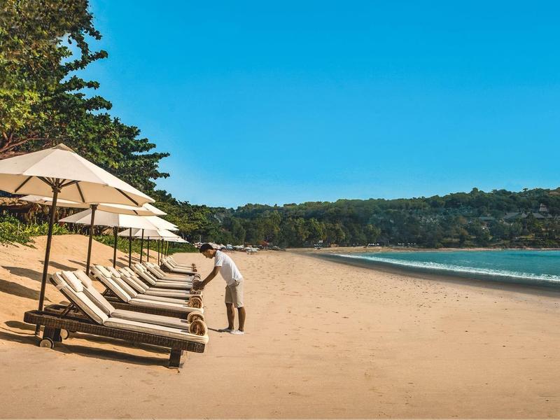 Beach with lounge chairs and umbrellas beside calm sea and forested background