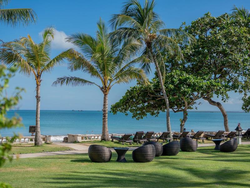 Green garden with bean bag chairs under palm trees overlooking the blue sea on a sunny beach.