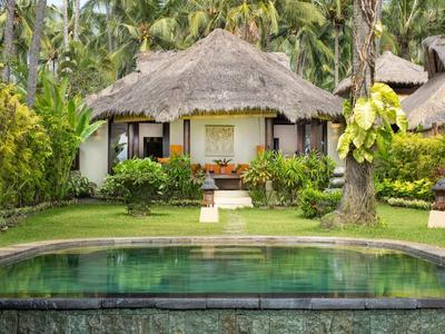 Ein strohgedecktes Haus mit Veranda, umgeben von grünem Gras und Palmen, vor einem Teich.