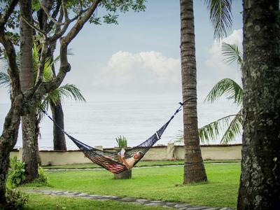 Person liegt entspannt in einer Hängematte zwischen hohen Palmen auf grünem Rasen am Meer.