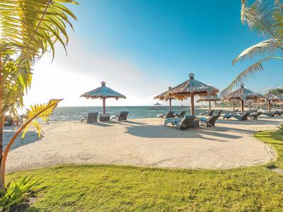 Plage avec chaises longues et parasols sous un ciel dégagé au bord de la mer.