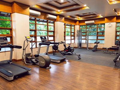 Gimnasio moderno con suelo de madera y grandes ventanas, equipado con cintas de correr y otras máquinas de ejercicio.
