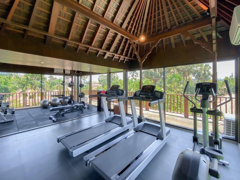 Moderne fitnessapparatuur in een open fitnessruimte met houten dak en breed uitzicht.