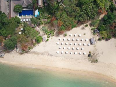 Vista aérea de una playa tranquila con filas de sombrillas y vegetación verde al lado.