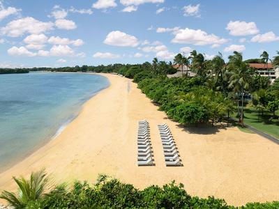 Leeg zandstrand met twee rijen ligstoelen naast groen landschap en een hotel.