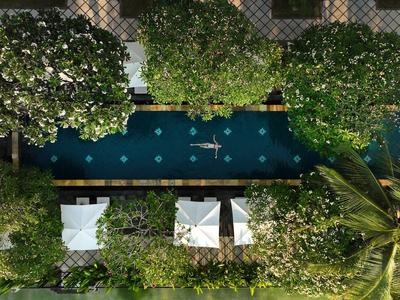 Drone view of a rectangular pool with two lounge chairs and umbrellas, surrounded by trees.