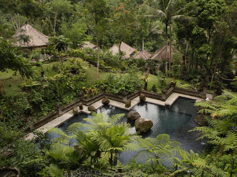 Nature-surrounded resort pool with stone deck and lush greenery