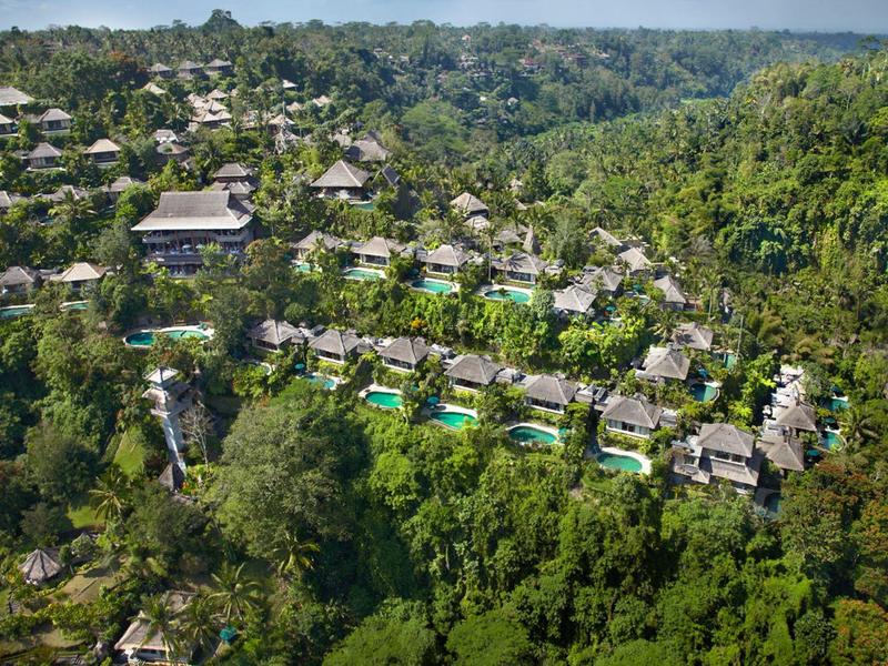 Luxury villas nestled on a lush hillside surrounded by dense forest.