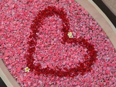 Serce z czerwonych kwiatów na łóżku z różowych płatków, dekoracyjnie ułożone.