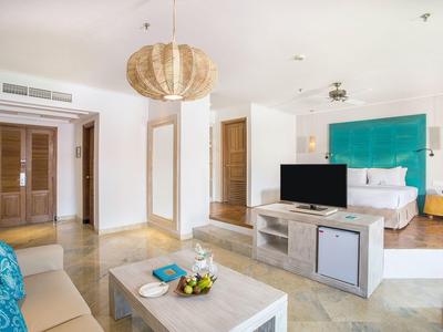 Camera d'hotel moderna con letto, divano, TV e accesso al bagno.