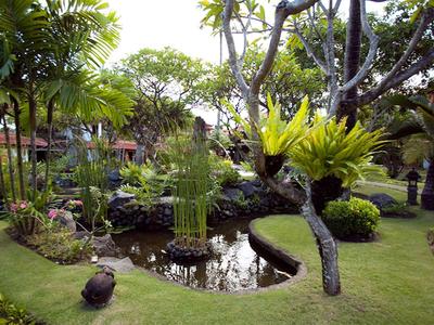 Giardino tropicale dell'hotel con stagno, palme e prato curato sotto un cielo azzurro.