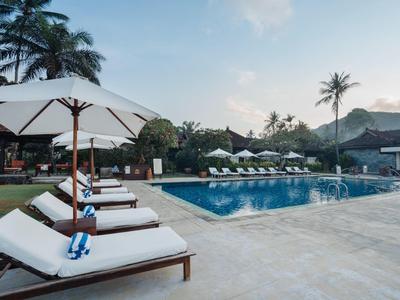 Área de piscina con tumbonas, sombrillas y palmeras en un hotel tropical