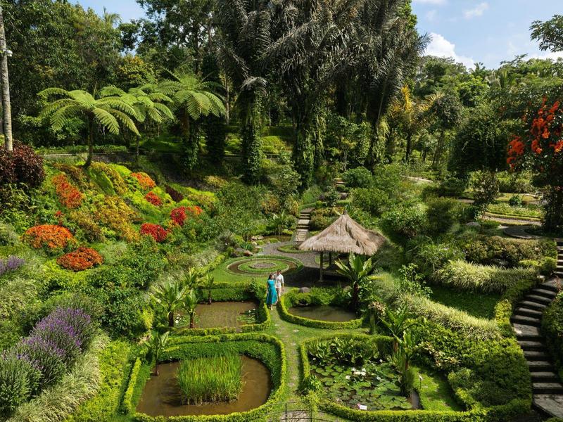 Grüner Garten mit verschiedenen Pflanzen, Blumen und einem kleinen Pavillon auf Terrassen.