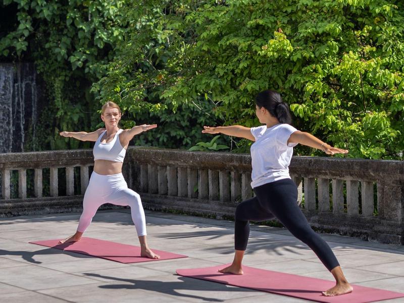 Deux femmes font du yoga sur des tapis en plein air près d'une cascade et d'arbres verts.