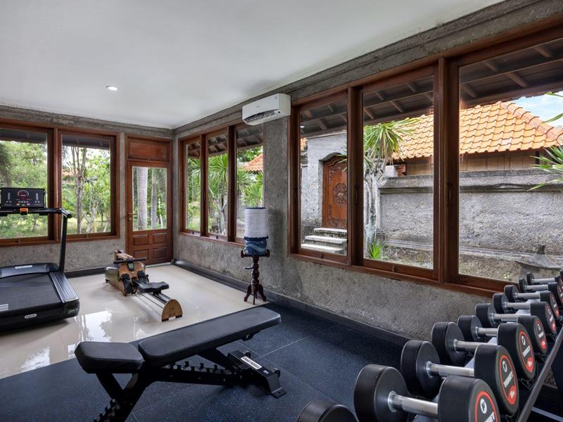 Salle de sport lumineuse avec grandes fenêtres, haltères, tapis roulant et vue sur jardin.