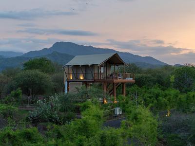 Una casa sull'albero elevata nel verde con montagne sullo sfondo al tramonto.