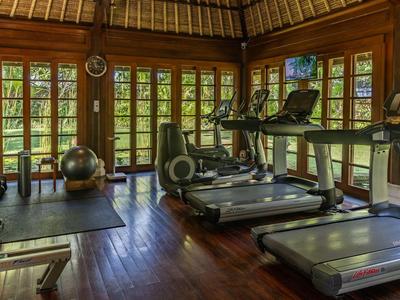 Fitnessruimte met loopbanden, dumbbells en houten interieur met grote ramen.