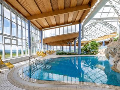 Hallenbad mit großen Fenstern und Holzdecke in einem modernen Hotel.