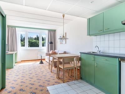 Kleine Küchenzeile mit grün lackierten Schränken und Essbereich mit Fensterblick.