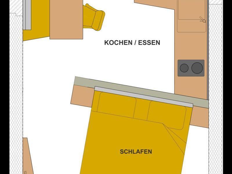 Pianta di una camera d'albergo con bagno, WC, angolo cottura, letto e balcone.