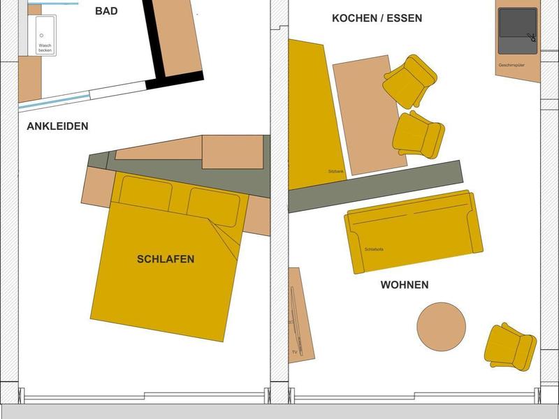 Pianta di un appartamento vacanze con camera da letto, bagno, zona soggiorno e balcone.