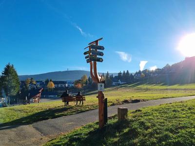 Landschaft mit grünem Gras, Weg, hölzernen Wegweisern und Hügeln im Hintergrund bei Sonnenschein.