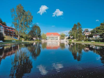 See in einem Park mit Gebäuden und Bäumen an einem sonnigen Tag