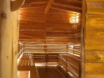 Brightly lit sauna room with wooden benches and paneling