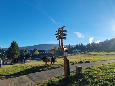 Wegweiser vor einer grünen Wiese mit Menschen, Pferden und Häusern unter blauem Himmel.
