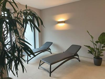 Moderner Ruheraum mit zwei Liegestühlen und Pflanzen in Töpfen neben einer hellen Wand.