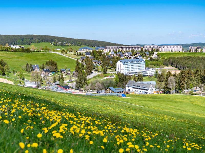 View of a hotel in green landscape with yellow flowers and blue sky.