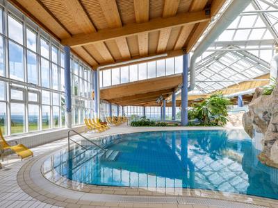 Una piscina cubierta con grandes ventanas y plantas bajo un techo de madera.
