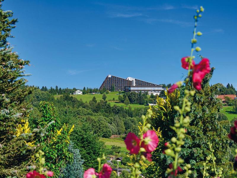 Bâtiment d'hôtel sur une colline entourée de végétation verte et de fleurs colorées au premier plan