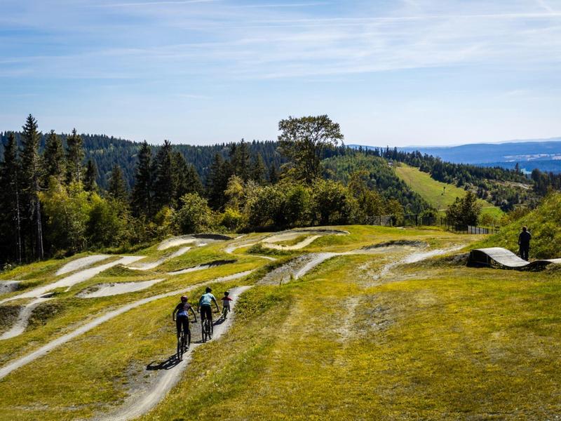 Des personnes marchent sur une zone herbeuse avec des trampolines, entourée de collines et de forêts.