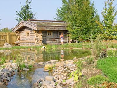 Holzhaus am Teich mit Garten und Bäumen im Hintergrund bei sonnigem Wetter