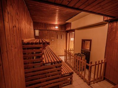 Dřevěná sauna se stohovanými lavicemi a teplým osvětlením uvnitř.