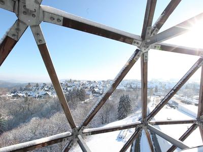 Winterlandschaft mit verschneiten Bäumen, gesehen durch ein metallisches Gitternetz bei Sonnenschein.
