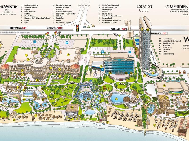 Übersichtliche Karte eines großen Resort-Geländes mit Hotels, Pools, Gärten und Strandbereichen.