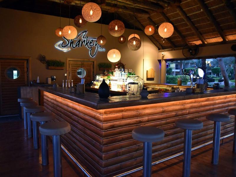 Eine gemütliche Bar mit hölzernem Tresen, runden Hockern und warmen, runden Lampen.